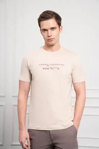Morven Erkek Bej Trend Bisiklet Yaka Dinamik Fit Pamuk T-Shirt - 4