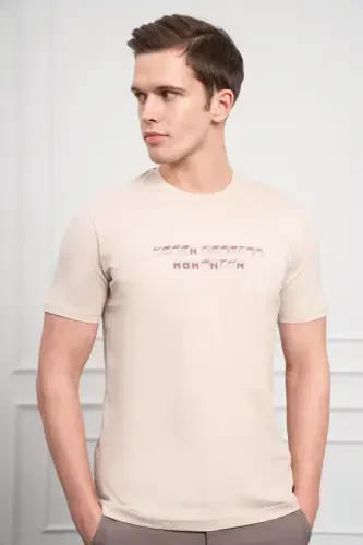 Morven Erkek Bej Trend Bisiklet Yaka Dinamik Fit Pamuk T-Shirt - 5