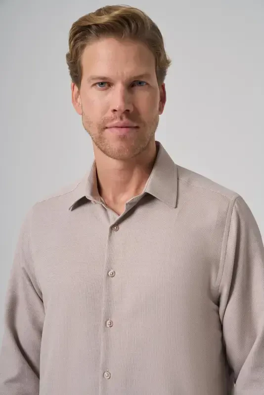 Modazone Erkek Bej Trend Dynamic Fit Sert Yaka Gömlek - 3