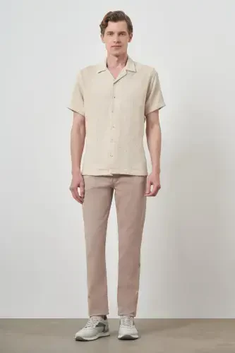 Morven Erkek Bej Trend Keten Regular Fit Apaş Yaka Kısa Kol Gömlek - MORVEN (1)