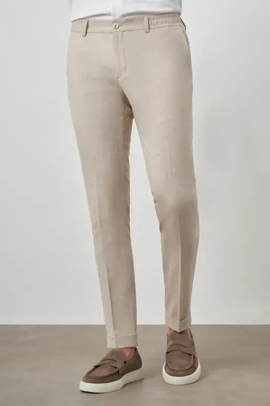 Morven Erkek Bej Trend Tam Lastikli Slim Fit Pantolon - 3
