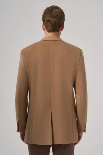 Morven Erkek Bej Yünlü Düz Dynamic Fit Sivri Yaka Kaban - 5