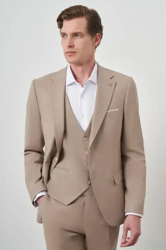 Modazone Erkek Bej Yünlü Slim Fit Yelekli Mono Yaka Takım Elbise - MORVEN