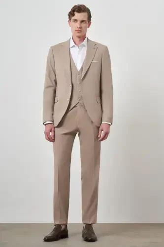 Modazone Erkek Bej Yünlü Slim Fit Yelekli Mono Yaka Takım Elbise - MORVEN (1)