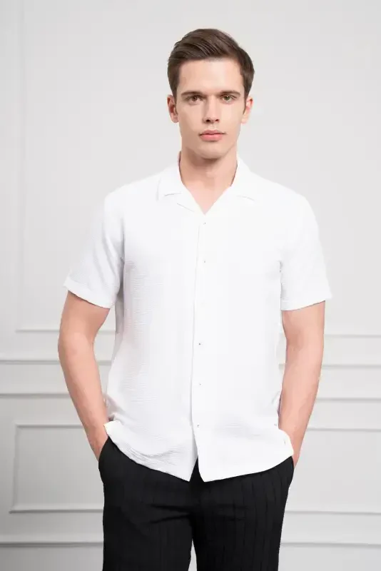 Morven Erkek Beyaz Apaş Yaka Kısa Kol Gömlek - 2