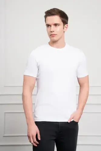 Modazone Erkek Beyaz Basic Bisiklet Yaka Dynamic Fit Pamuk T-Shirt 