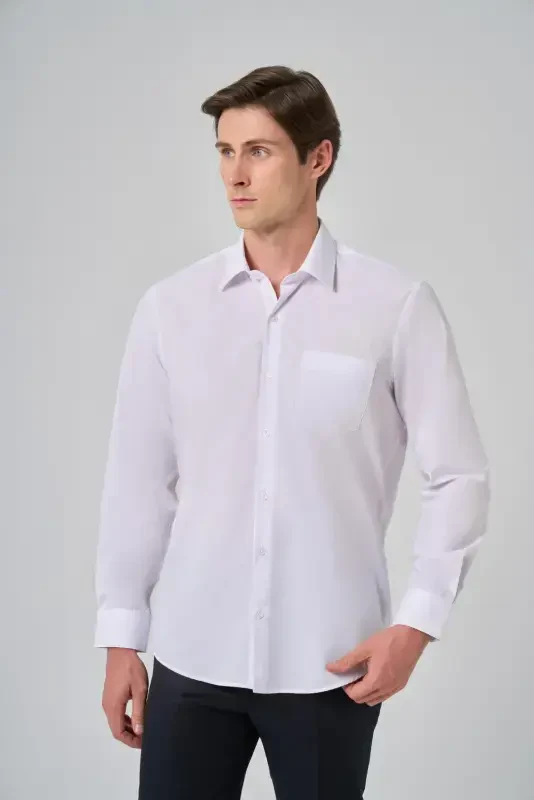 Morven Erkek Beyaz Basic Regular Fit Sert Yaka Cepli Gömlek - 3