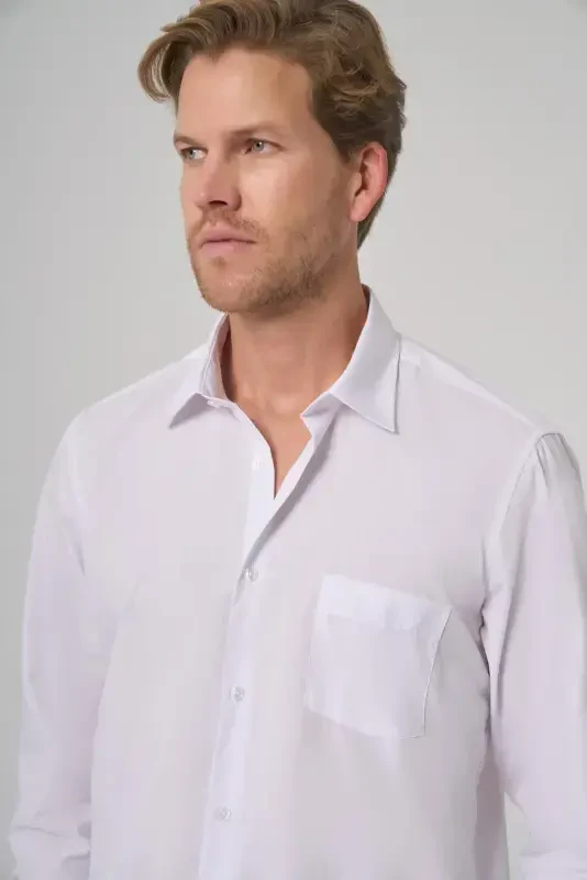 Morven Erkek Beyaz Basic Regular Fit Sert Yaka Cepli Gömlek - 3