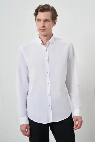 Morven Erkek Beyaz Keten Trend Dynamic Fit Düğmeli Yaka Gömlek - 1