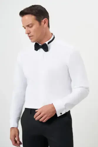 Morven Erkek Beyaz Manşetli Düz Desen Ata Yaka Slim Fit Gömlek - 3