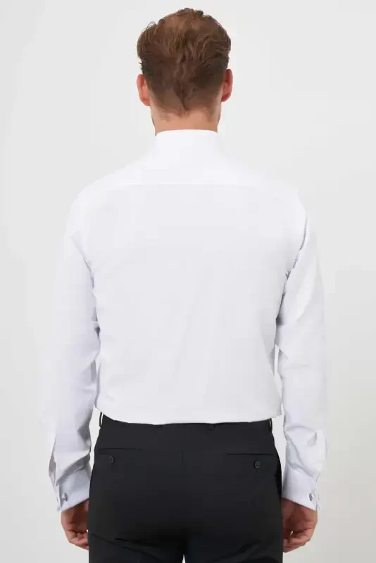 Morven Erkek Beyaz Manşetli Düz Desen Ata Yaka Slim Fit Gömlek - 5