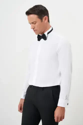 Morven Erkek Beyaz Manşetlii Jakar Desen Ata Yaka Slim Fit Gömlek - MORVEN (1)