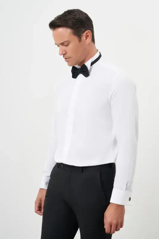 Morven Erkek Beyaz Manşetlii Jakar Desen Ata Yaka Slim Fit Gömlek - 2