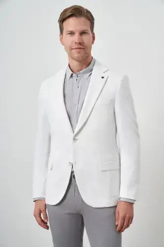 Morven Erkek Beyaz Örme Desenli Mono Yaka Slim Fit Ceket - 5