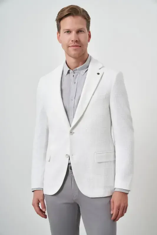 Morven Erkek Beyaz Örme Desenli Mono Yaka Slim Fit Ceket - 5