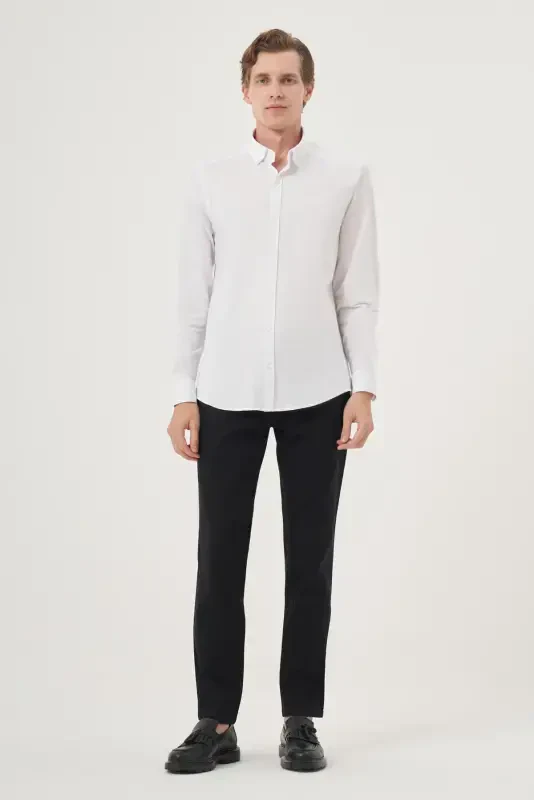 Morven Erkek Beyaz Örme Slim Fit Düğmeli Yaka Gömlek - 4