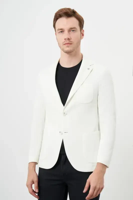 Morven Erkek Beyaz Örme Slim Fit Torba Cep Mono Yaka Spor Ceket - 1
