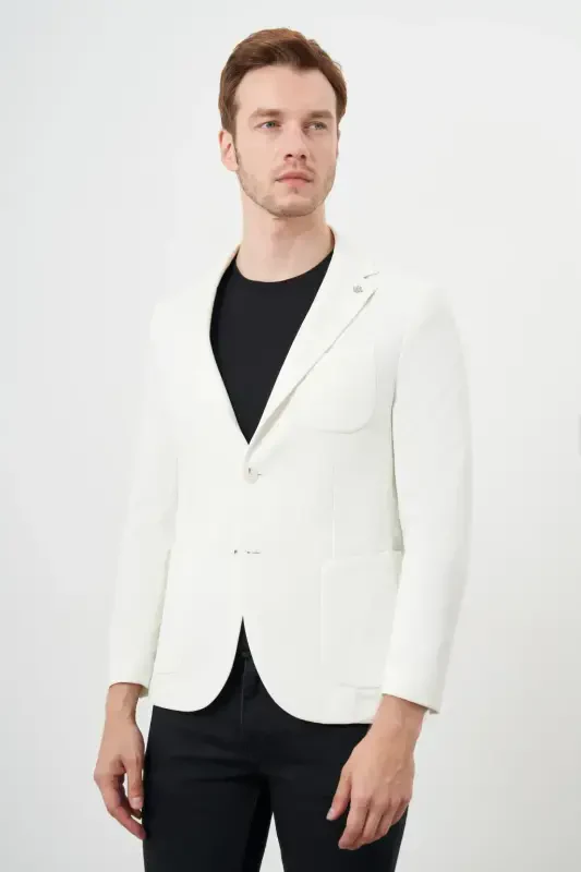 Morven Erkek Beyaz Örme Slim Fit Torba Cep Mono Yaka Spor Ceket - 2
