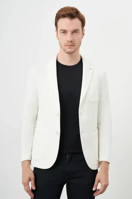 Morven Erkek Beyaz Örme Slim Fit Torba Cep Mono Yaka Spor Ceket - 3