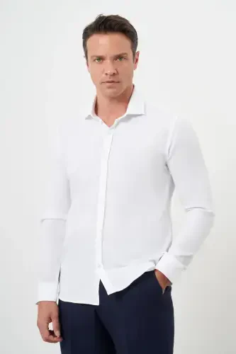 Morven Erkek Beyaz Pamuk Baskılı Desenli İtalyan Yaka Slim Fit Gömlek - 3