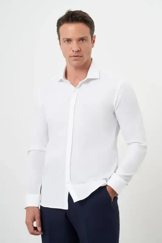 Morven Erkek Beyaz Pamuk Baskılı Desenli İtalyan Yaka Slim Fit Gömlek - 3