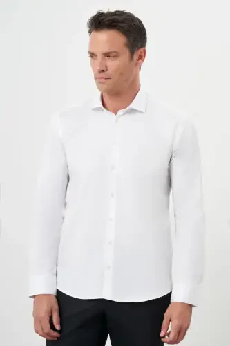 Morven Erkek Beyaz Pamuk Düz Desen İtalyan Yaka Slim Fit Gömlek - MORVEN (1)