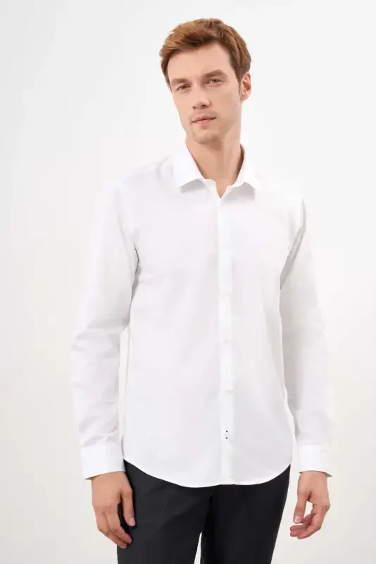 Morven Erkek Beyaz Pamuk Düz Desen Sert Yaka Slim Fit Gömlek - 2