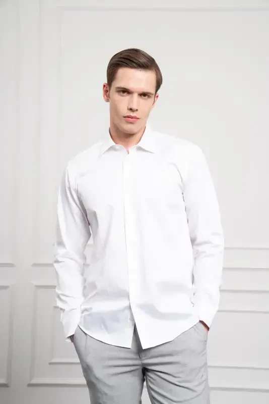 Morven Erkek Beyaz Pamuk Trend Slim Fit Dar Kesim Gömlek - 3