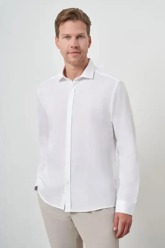 Morven Erkek Beyaz Pamuk Trend Slim Fit İtalyan Yaka Gömlek - 1