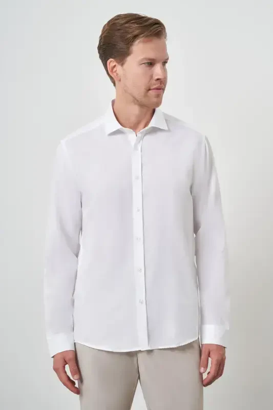 Morven Erkek Beyaz Pamuk Trend Slim Fit İtalyan Yaka Gömlek - 2