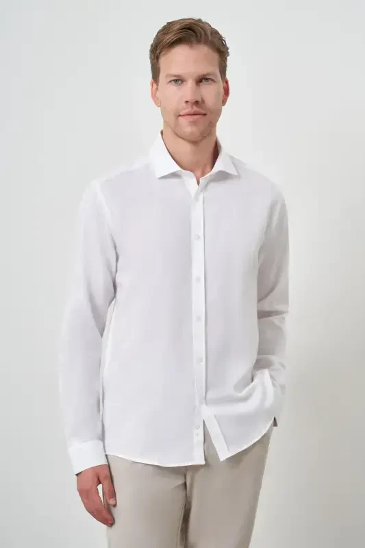 Morven Erkek Beyaz Pamuk Trend Slim Fit İtalyan Yaka Gömlek - 3