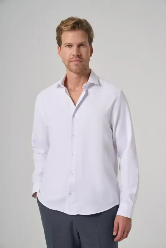 Morven Erkek Beyaz Polyester Trend Desenli Dynamic Fit İtalyan Yaka Gömlek - 1