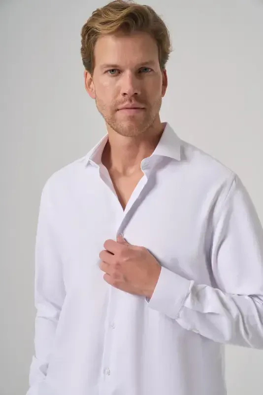 Morven Erkek Beyaz Polyester Trend Desenli Dynamic Fit İtalyan Yaka Gömlek - 2