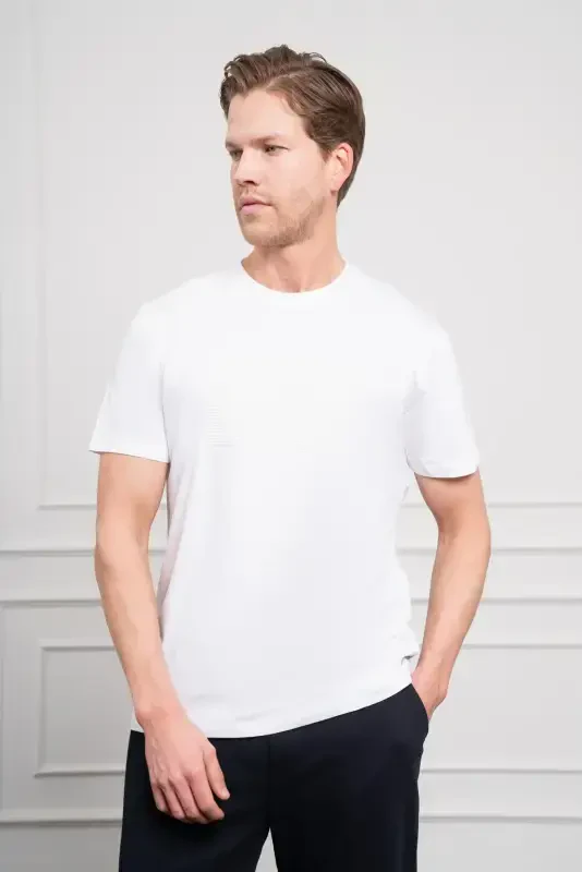 Morven Erkek Beyaz Trend Bisiklet Yaka Dinamik Fit Pamuk T-Shirt - 1