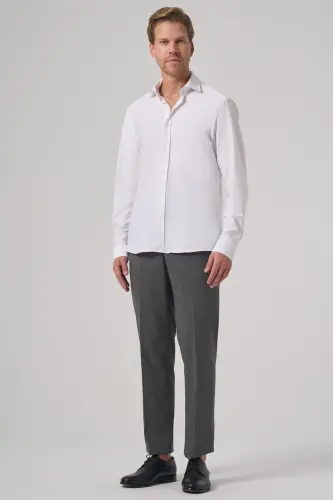Morven Erkek Beyaz Trend Düz Slim Fit Tam İtalyan Yaka Gömlek - 4