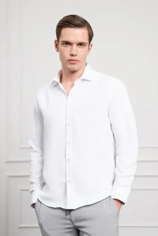 Morven Erkek Beyaz Trend İtalyan Yaka Slim Fit Dar Kesim Gömlek - 1