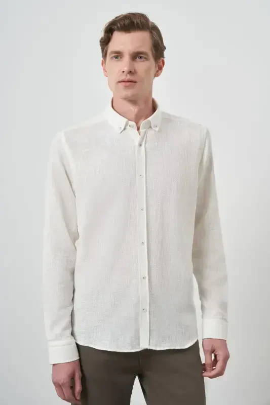 Morven Erkek Beyaz Trend Keten Slim Fit Düğmeli Yaka Gömlek - 1