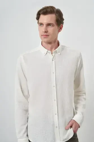 Morven Erkek Beyaz Trend Keten Slim Fit Düğmeli Yaka Gömlek - 3