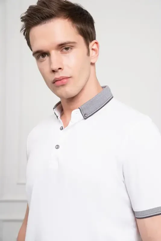 Morven Erkek Beyaz Trend Merserize Düz Düğmeli Yaka Dynamic Fit T-Shirt - 5