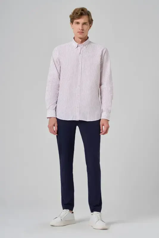 Morven Erkek Bordo Pamuk Çizgili Panolu Düğmeli Yaka Regular Fit Gömlek - 4