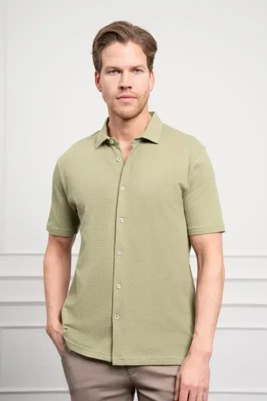 Morven Erkek Çağla Yeşili Trend Apaçi Yaka Dynamic Fit Kısa Kollu Gömlek - 1