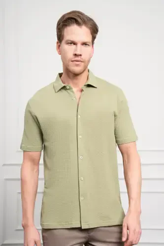 Morven Erkek Çağla Yeşili Trend Apaçi Yaka Dynamic Fit Kısa Kollu Gömlek - 4