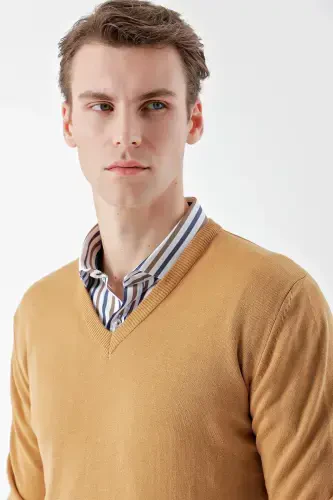 Modazone Erkek Camel Basic V Yaka Dynamic Fit Rahat Kesim Triko - 4