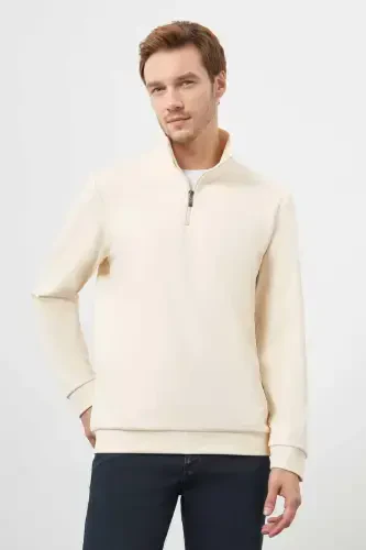 Morven Erkek Ekru Fermuarlı Bato Yaka Sweat-Shirt - MORVEN (1)