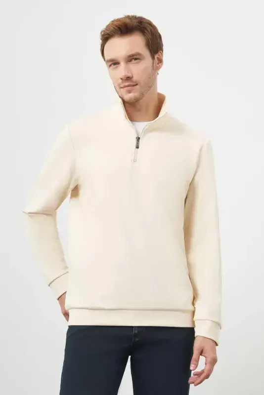 Morven Erkek Ekru Fermuarlı Bato Yaka Sweat-Shirt - 1