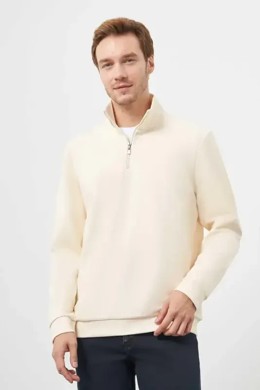Morven Erkek Ekru Fermuarlı Bato Yaka Sweat-Shirt - 2