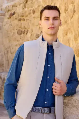 Morven Erkek Ekru Polyamide Spor Gizli Cep Fermuarlı Yelek - MORVEN (1)