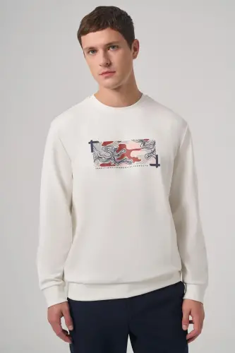 Modazone Erkek Ekru Trend Baskılı Bisiklet Yaka Sweatshirt 