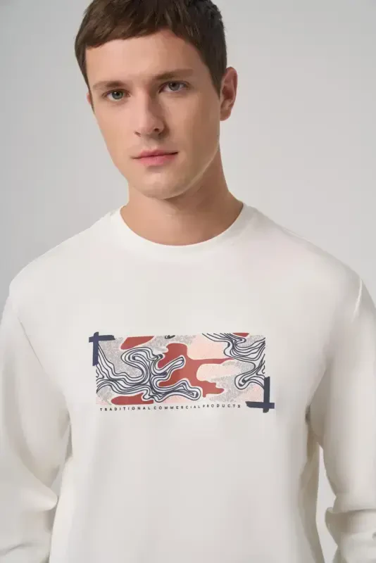 Morven Erkek Ekru Trend Baskılı Bisiklet Yaka Sweatshirt - 3