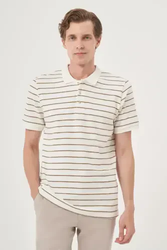 Morven Erkek Ekru Trend Çizgili Dinamik Fit Polo Yaka T-Shirt - MORVEN (1)